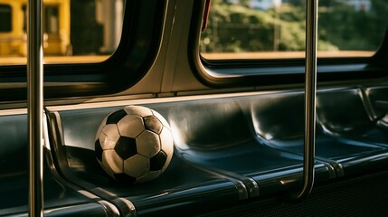 Soccer ball rests on empty public transit seat, sunlit interior. Public transportation commute and travel concept