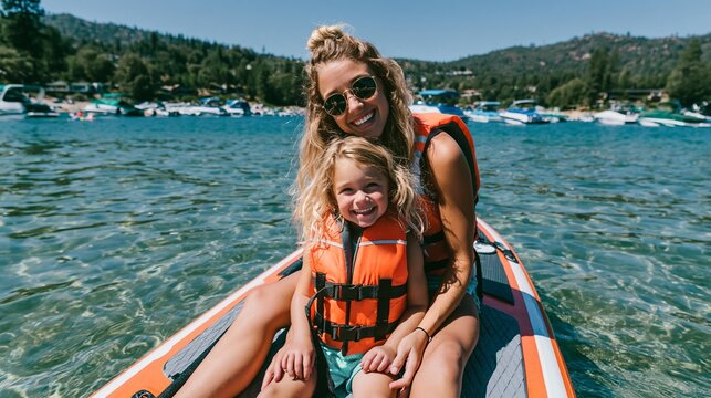 Smiling mother and daughter wearing life vests on a paddleboard on a clear lake. Calm water surface reflects the sunny blue sky and lush green hills. Summer recreation and family bonding activity