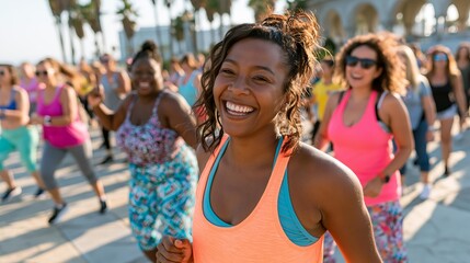 Fototapeta premium Diverse women dancing joyfully during an outdoor fitness class. Sunny daytime promenade with palm trees and arches in background. Group activity promoting health and happiness