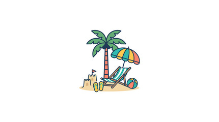 Obraz premium Summer Beach Vacation Scene with Palm Tree and Lounge Chair Illustration