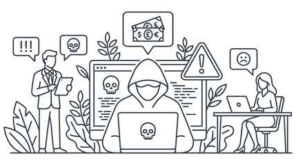 Internet crime and hacking outline illustration with hooded character and business people. © MdJubayer