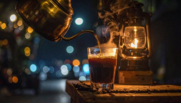 Angkringan Brass Kettle Pouring Kopi Tubruk at Night