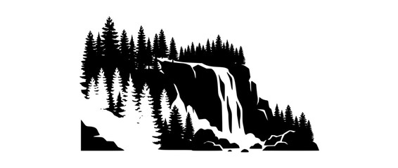 Obraz premium Waterfall Silhouette in Pine Forest Landscape Vector Illustration