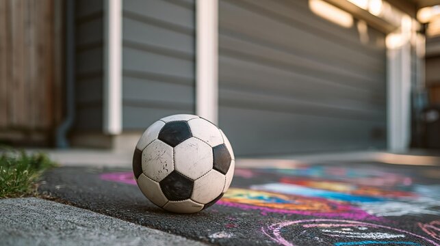 Soccer ball resting on asphalt with colorful chalk drawings. Ground level view of outdoor playtime
