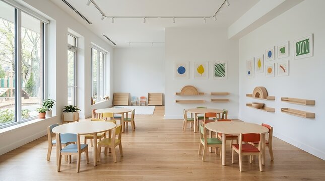 Bright and modern minimalist classroom or playroom with small wooden tables and chairs, large windows, and colorful abstract wall art.
