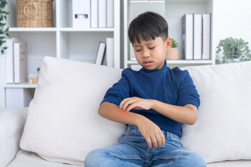Fototapeta premium Mosquito bite, asian boy scratching itchy arm from insect bite, child health, pediatric care, allergic reaction, skin irritation, healthcare, dengue fever, dermatology and viral disease prevention
