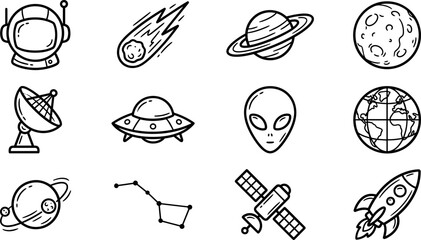 Set of hand drawn space themed doodles and cosmic icons. © Hyiu