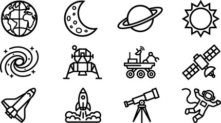 Set of space and astronomy themed line art icons. © Hyiu