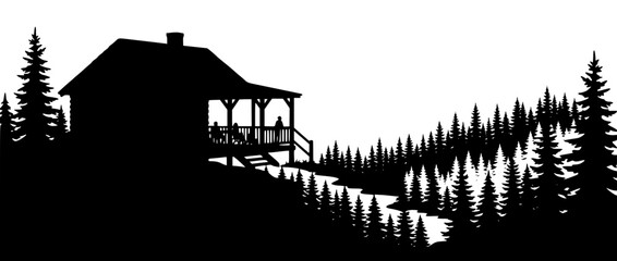 Obraz premium Silhouette of a mountain cabin in a pine forest with a river