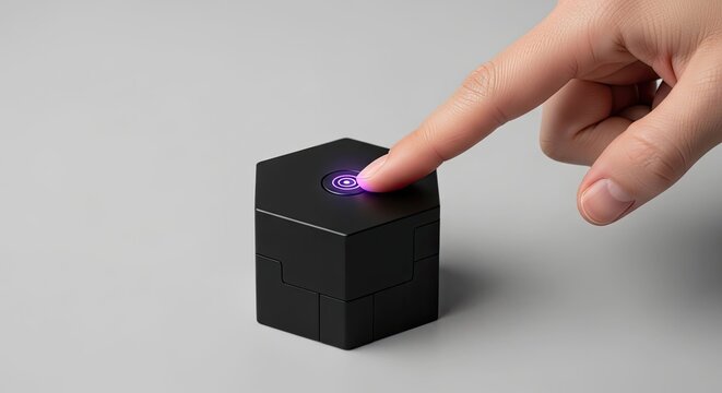 Finger pressing purple glowing button on black cube.