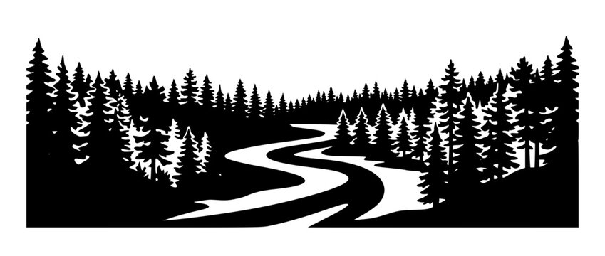 Pine Tree Forest Silhouette with Winding River Monochrome Landscape