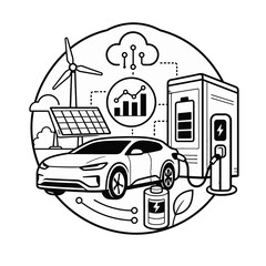 Naklejka premium Sustainable Energy Ecosystem Featuring Electric Car, Solar Panels, Wind Turbine, and Smart Grid Technology Line Art Illustration