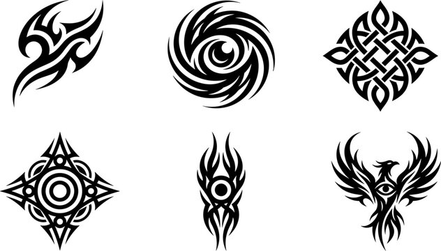Set of six intricate tribal tattoo designs with mystical symbols and abstract patterns.