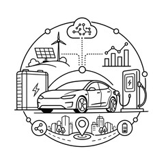 Obraz premium Sustainable Electric Vehicle Ecosystem with Green Energy Sources and Smart City Infrastructure Concept Illustration