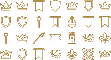 Elegant collection of golden vector heraldic icons featuring crowns shields banners and royal regal symbols © Septarim