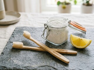 Fototapeta premium Natural Bamboo Toothbrushes and Organic Oral Care Powder with Lemon