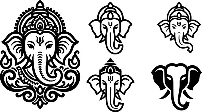 Set of black and white Lord Ganesha illustrations for cultural design.