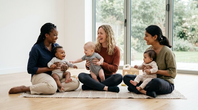 Three diverse mothers smiling and interacting with their babies during a playdate in a bright, modern room.