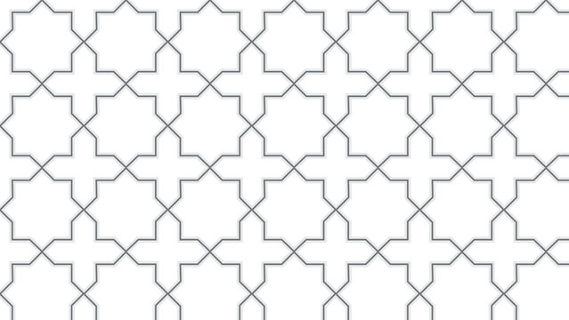 Seamless geometric pattern featuring repeating eight-point Islamic star motifs arranged in a clean architectural lattice. Minimalist grey and white design with subtle dimensional outlines.