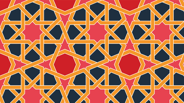 Seamless Islamic geometric pattern inspired by traditional Kaiouran and North African architectural ornamentation. Interlocking star and polygon motifs form an elegant repeating mashrabiya lattice.
