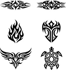 Fototapeta premium Set of six black tribal tattoo designs including animals and abstract shapes.