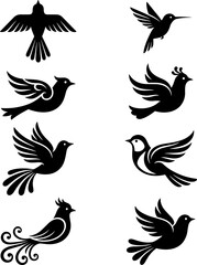 Fototapeta premium Set of eight stylized black bird silhouettes in various flight poses.