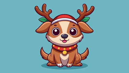 Cute puppy wearing reindeer antlers and christmas collar on blue background with reindeer christmas seasonal celebration illustration character background cheerful adorable greeting charming © Joy Dev