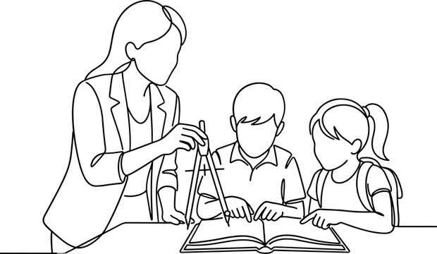 Continuous line drawing of a teacher instructing two students with a compass.