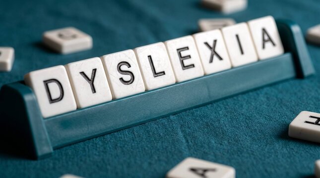 Dyslexia Word Spelled with Scrabble Letter Tiles on Teal Background