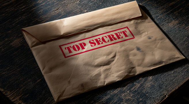 Top Secret Stamped Old File Folder on Wooden Desk
