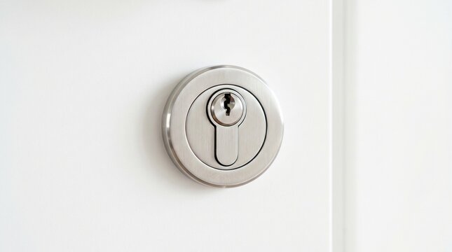 shows a close-up of a modern, brushed metal Euro profile cylinder lock cylinder installed on a clean, white door.