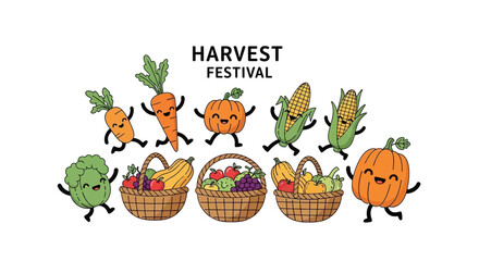 Naklejka premium Happy Harvest Festival Vegetables and Fruits Cartoon Characters