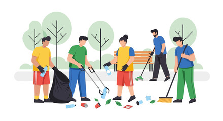 Fototapeta premium Volunteers cleaning park, collecting litter, environmental protection, community service