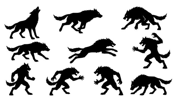 Ten Werewolf Silhouettes in Dynamic Halloween Horror Poses Vector Collection