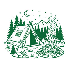 Obraz premium Camping tent and bonfire vector illustration in forest wilderness setting with night sky and mountains, campfire