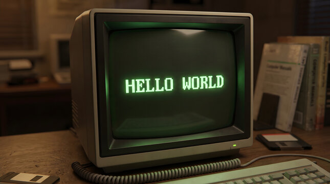 Vintage computer screen displays hello world text