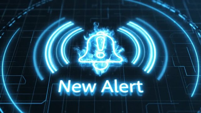 New Alert Notification Bell Icon Glowing Blue on Digital Grid Background