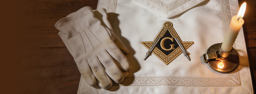Masonic apron with embroidered square and compasses with letter G and white glove beside lit candle on wood table. Ritual regalia for membership in secret fraternity. Symbolism. Banner with copy space