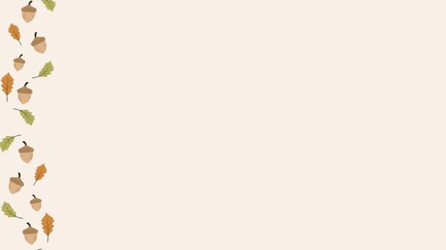 Seamless looping background animation of swinging oak leaves and acorns on the sides with text copy space. Flat style seasonal autumn illustration on cream beige solid color