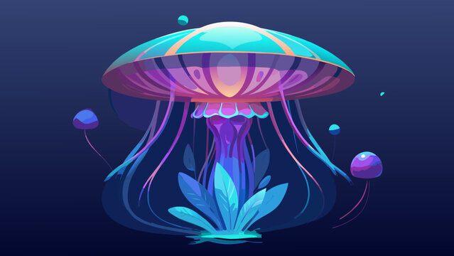 Bioluminescent jellyfish abstract digital art in dark underwater setting with jellyfish bioluminescent underwater abstract illustration mystical creature tentacles botanical ethereal
