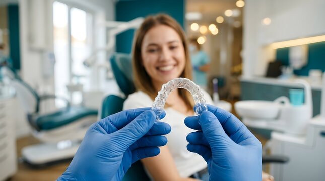 Dentist holding clear plastic orthodontic aligner for patient