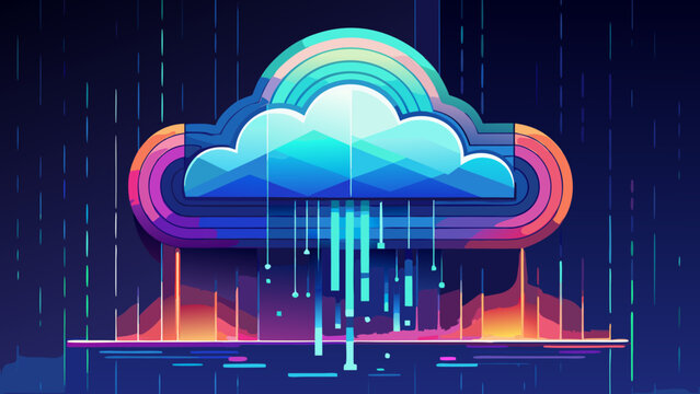 Retro synthwave style cloud computing icon with neon digital rain computing synthwave technology internet gradient colorful abstract connection software visualization infrastructure