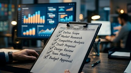 Obraz premium Project management checklist with completed business tasks and data charts
