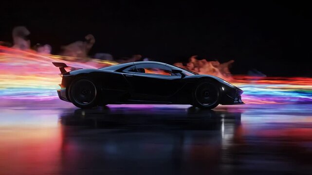 Black Modern Supercar Driving Fast with Colorful Light Trails in Dark Studio