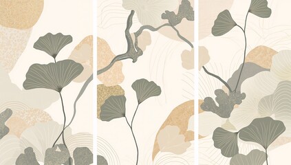 Naklejka premium Luxury botanical triptych artwork featuring elegant ginkgo leaf silhouettes, flowing organic lines, and layered natural forms in 4K
