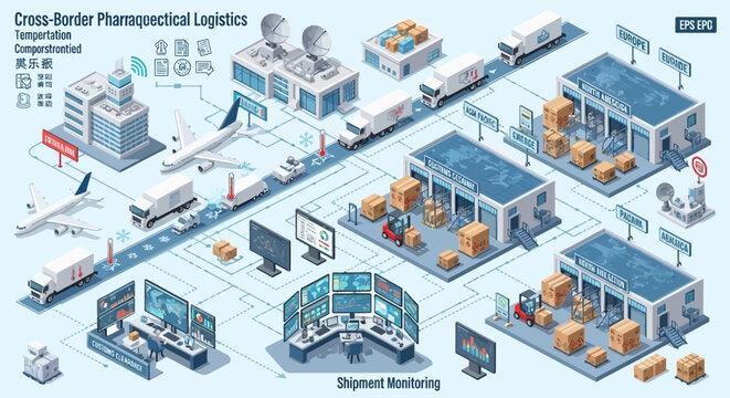 Isometric illustration of global pharmaceutical supply chain and logistics network.