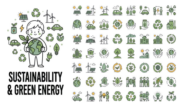 Sustainability and green energy icon set, eco friendly renewable power vector collection, environmental conservation line art illustrations
