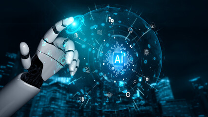 Fototapeta premium Artificial intelligence at the center of a connected ecosystem enabling automation, analytics, cloud computing and smart services. Corpus