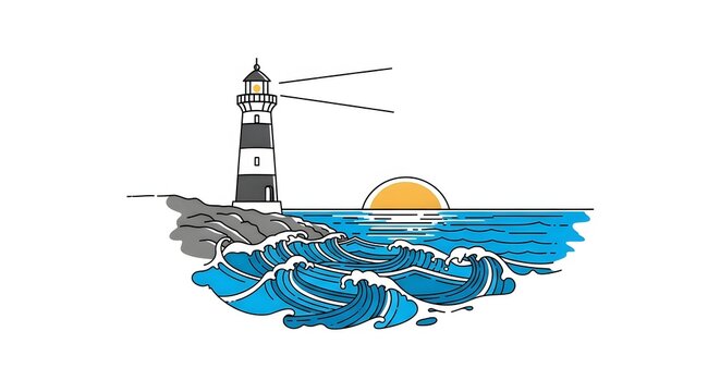 Lighthouse on a rocky coastline at sunset