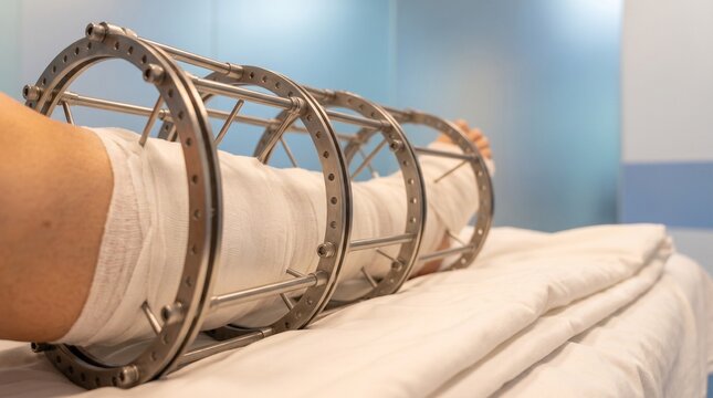 Close-up of bandaged leg with Ilizarov external fixation frame in hospital bed, orthopedic trauma surgery, fracture treatment and limb reconstruction concept.